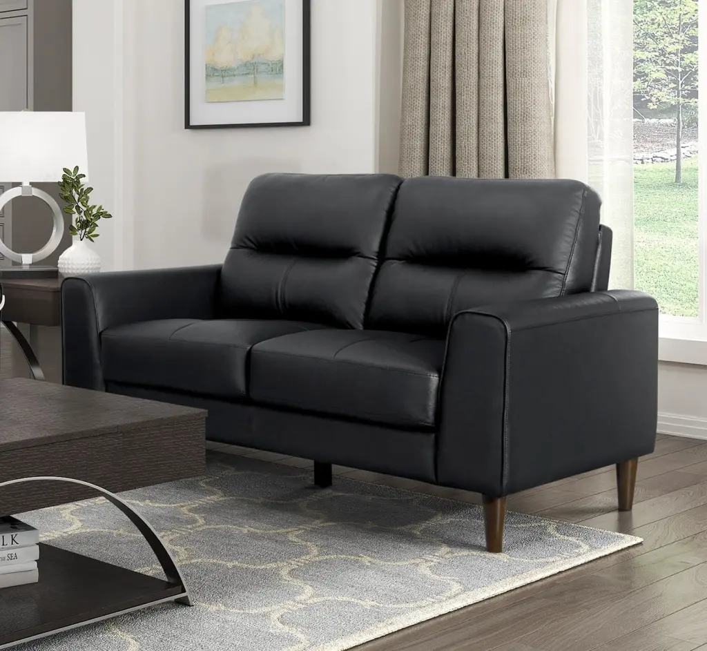 DeeHome Modern Black Top Grain Leather Loveseat Solid Wood Frame