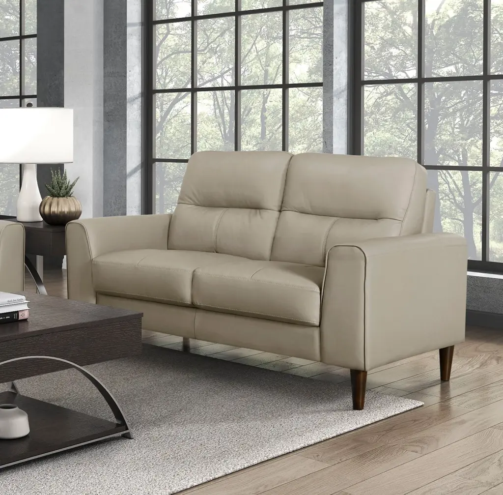 DeeHome Modern Latte Top Grain Leather Loveseat Solid Wood Frame