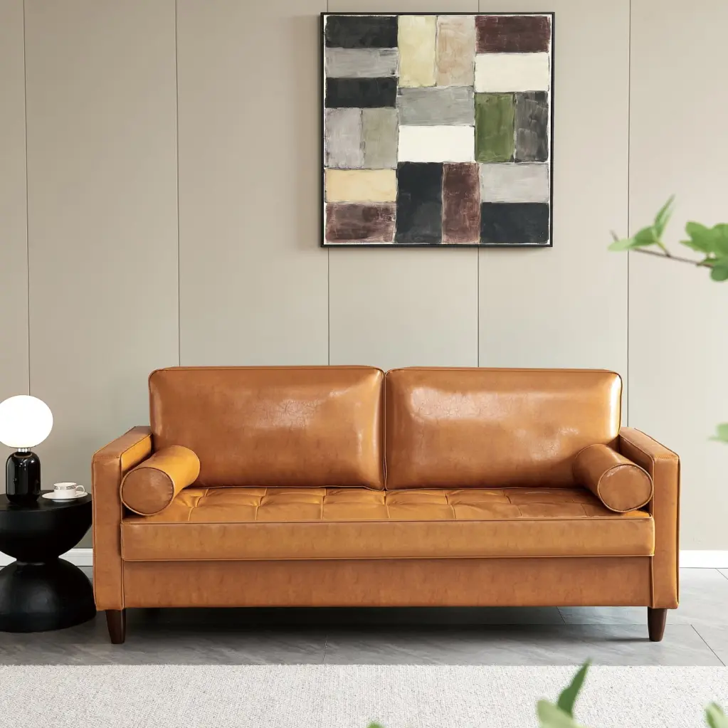 Mocha Mid-Century Vegan Leather Sofa Yellow Brown Hidden Storage HATNOKIL