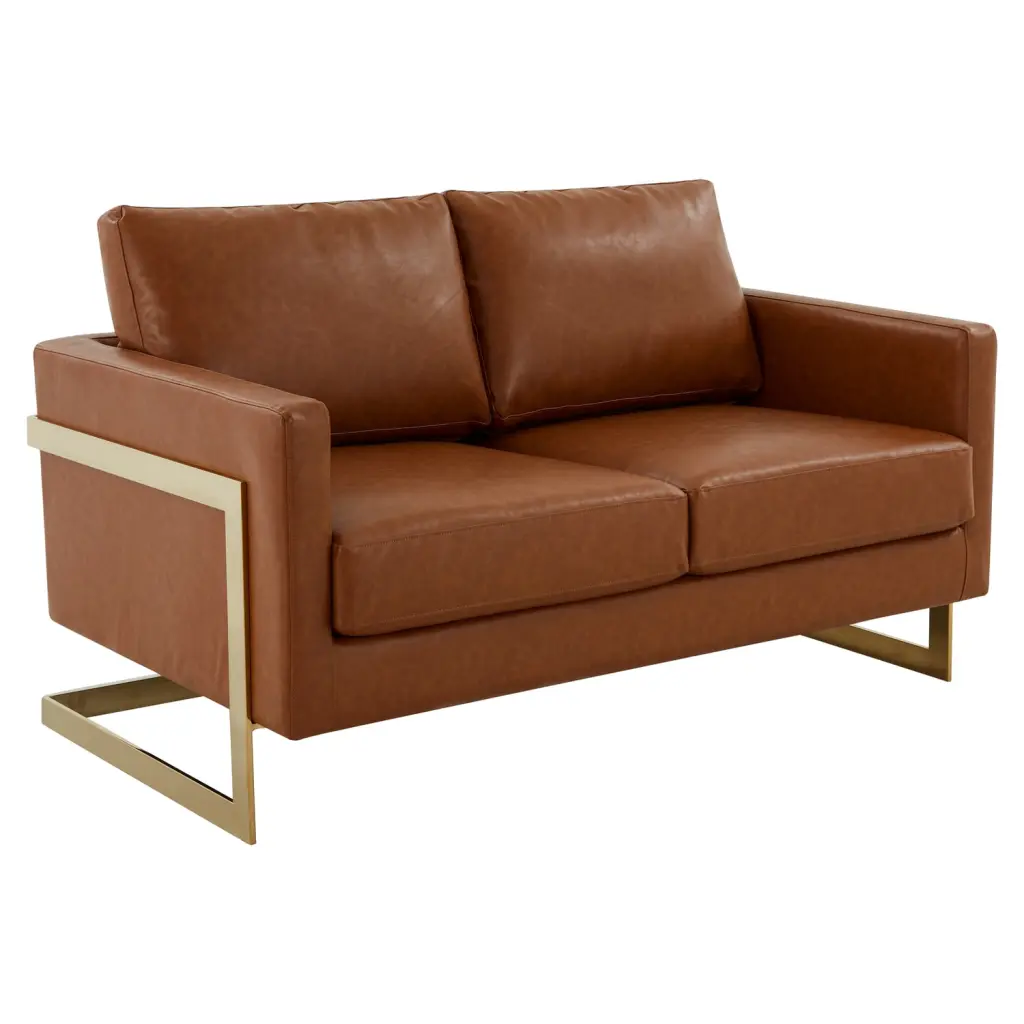 HomeStock African Artifacts Modern Mid-Century Upholstered Leather Loveseat Gold Frame