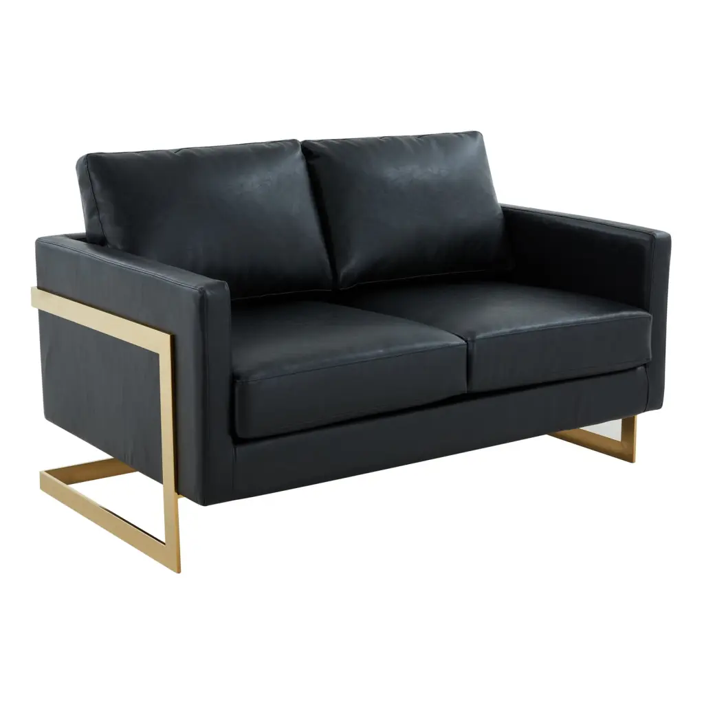 HomeStock Asian Allure Modern Mid-Century Upholstered Leather Loveseat Gold Frame