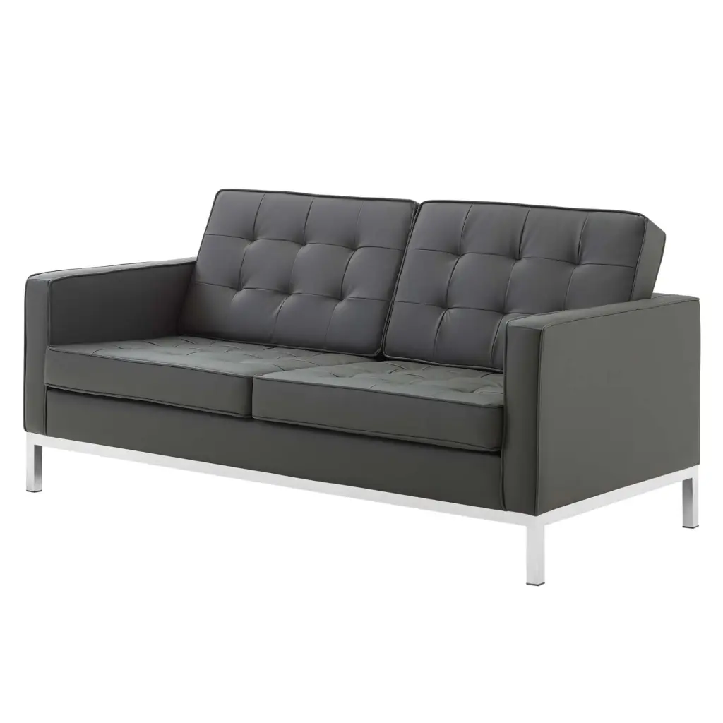 Contemporary Grey Faux Vinyl Leather Loveseat Sofa Lounge Club Mod