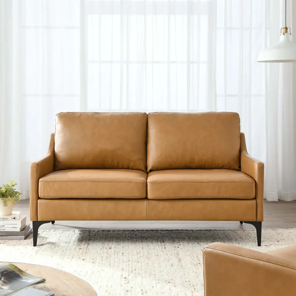 Modway Corland Tan Leather Loveseat Modern Living Room