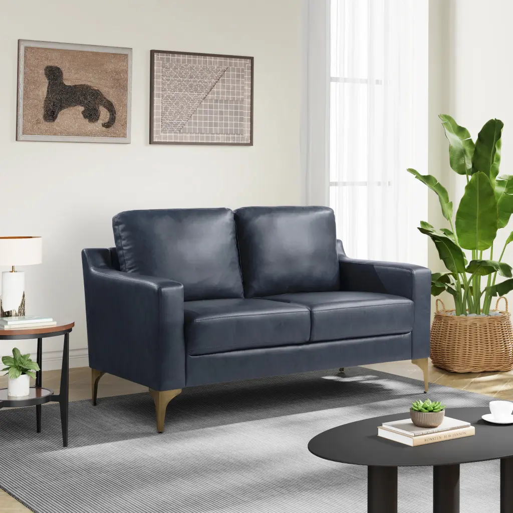 Serta Hemsworth Mid-Century Modern Style 2 Seater Indoor Loveseat Navy Blue Leather