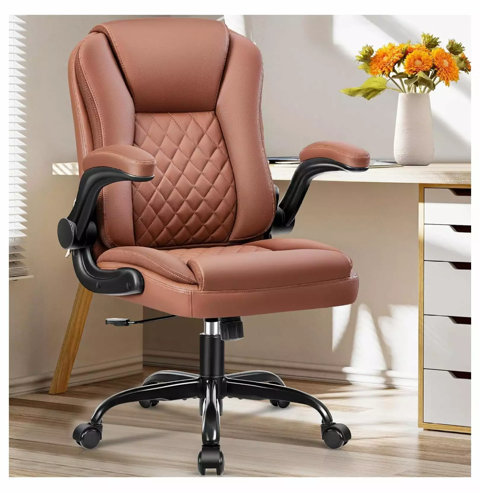 Executive Office Chair Leather Upholstery and Flip-Up Armrests - Brown Ergonomic Computer Desk Chair Deng rui