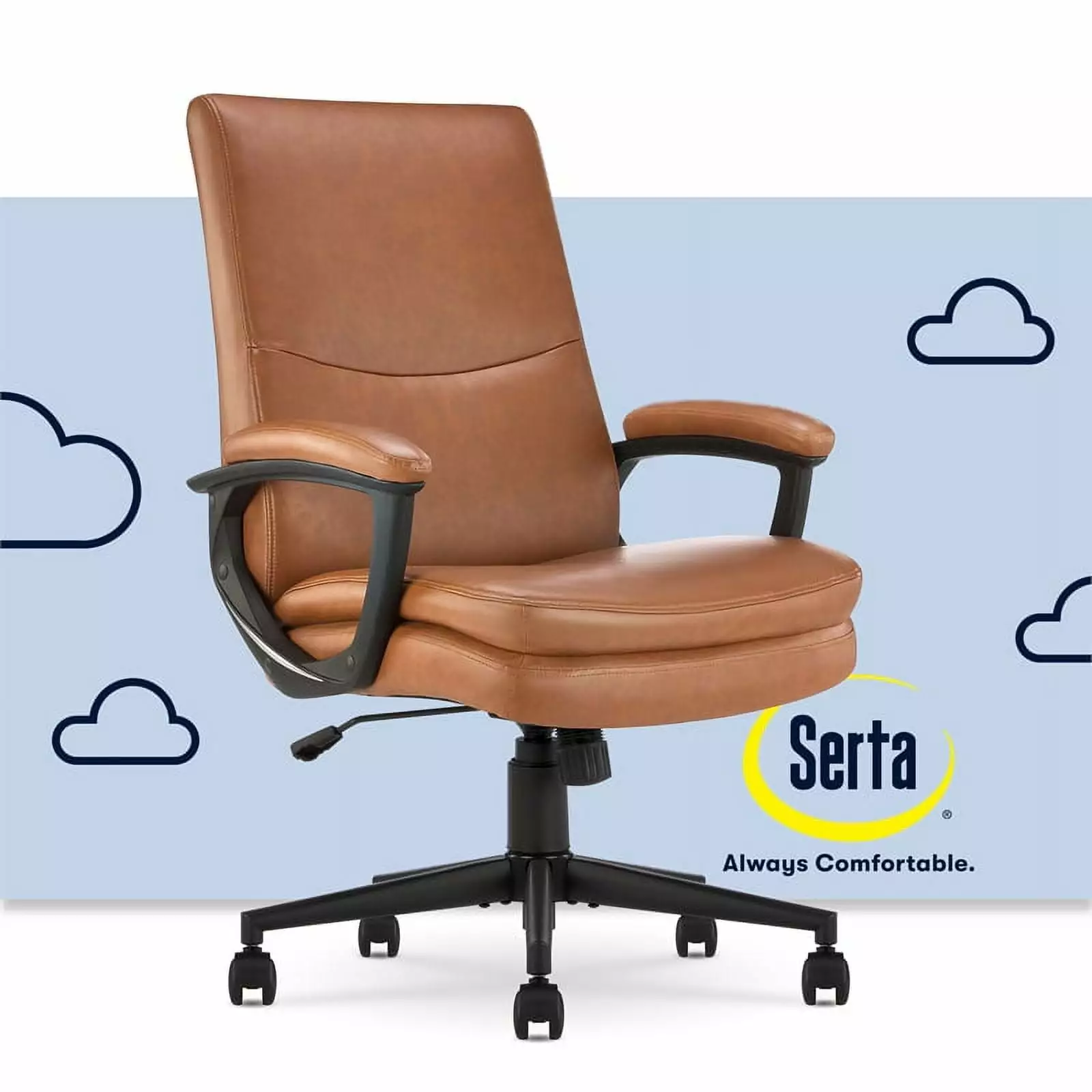 Serta Comfort Modern Executive Office Chair Metal Base Bonded Leather Cognac Ergonomic Desk Chair