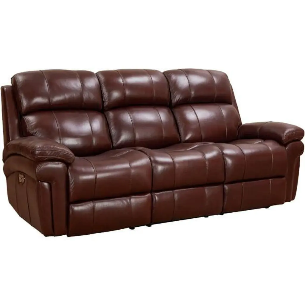 Luxe Leather Reclining Sofa Power Headrest, Dual Recline, and USB Ports - 3 Seater Brown Fine-Line