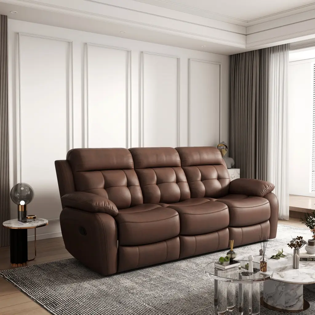 Classic Brown Genuine Leather Reclining Sofa Drop Down Table HATNOKIL