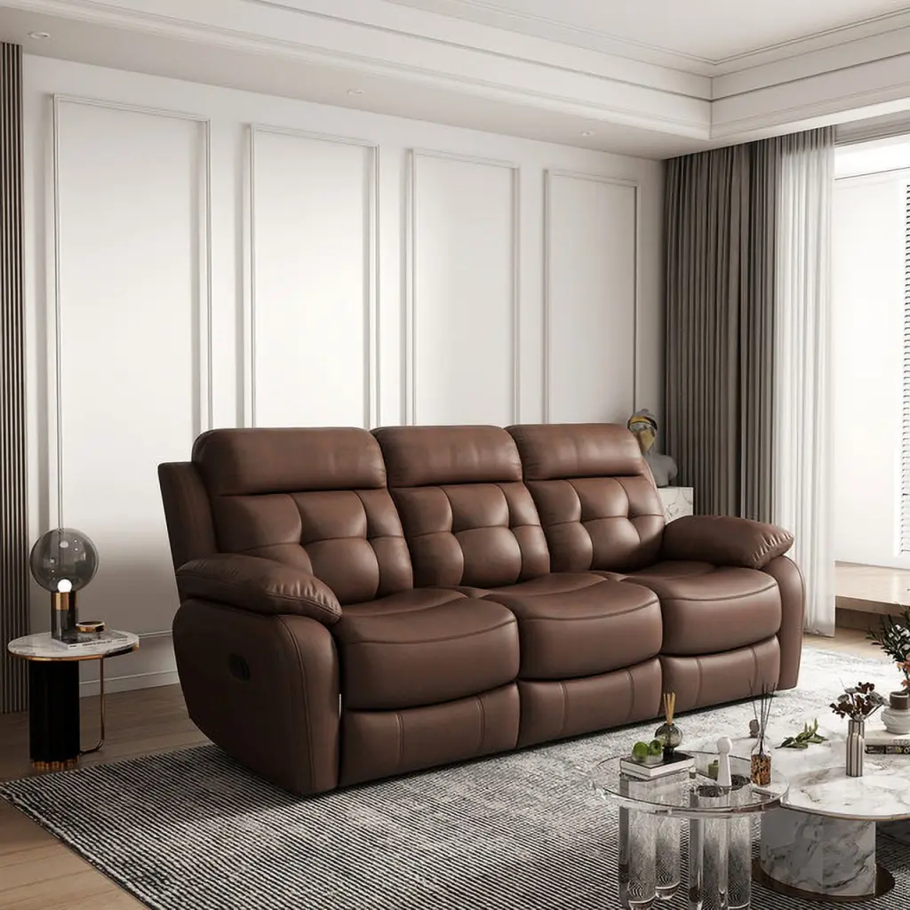 Brown Genuine Leather Reclining Sofa Drop Down Table and Cupholders Ponnky
