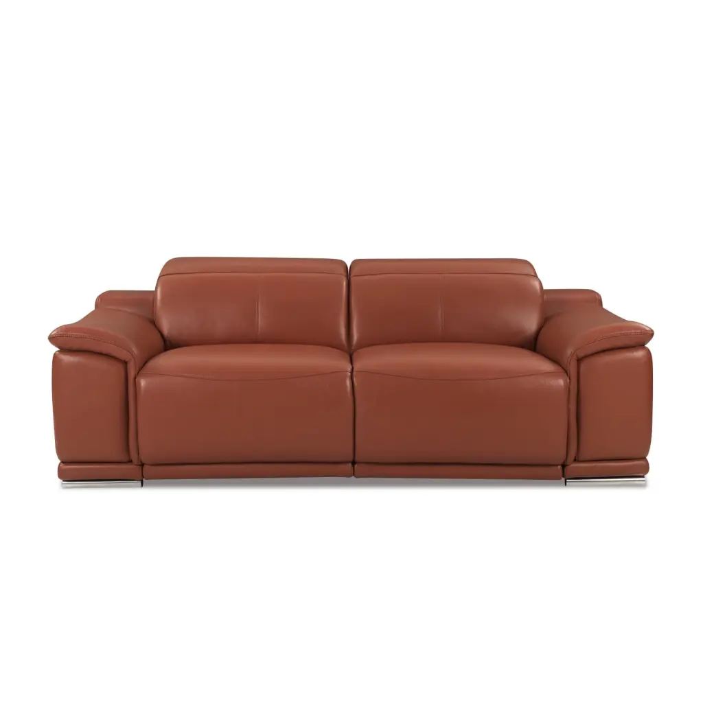 Elegant Camel Power Reclining Sofa - Genuine Italian Leather Art Deco Tufting and Solid Brazilian Wood Frame Ponnky