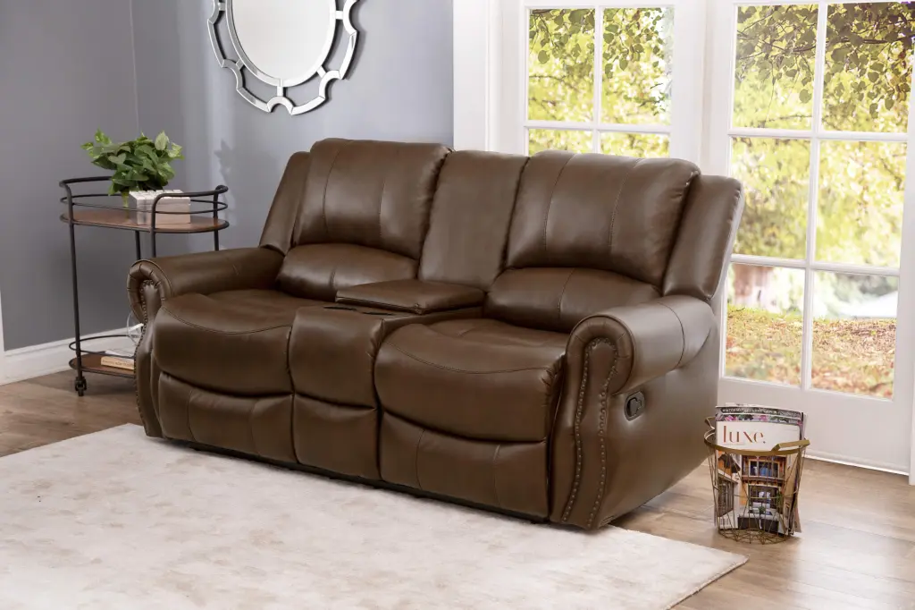 Devon and Claire Kanan Mesa Camel Reclining Console Leather Loveseat Home Theater Devon & Claire