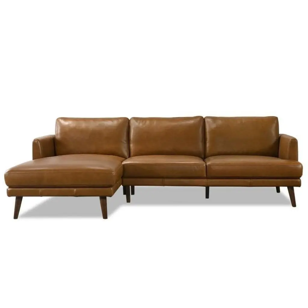 Allora Mid-Century Pillow Back Genuine Leather Left-Facing Sectional Tan