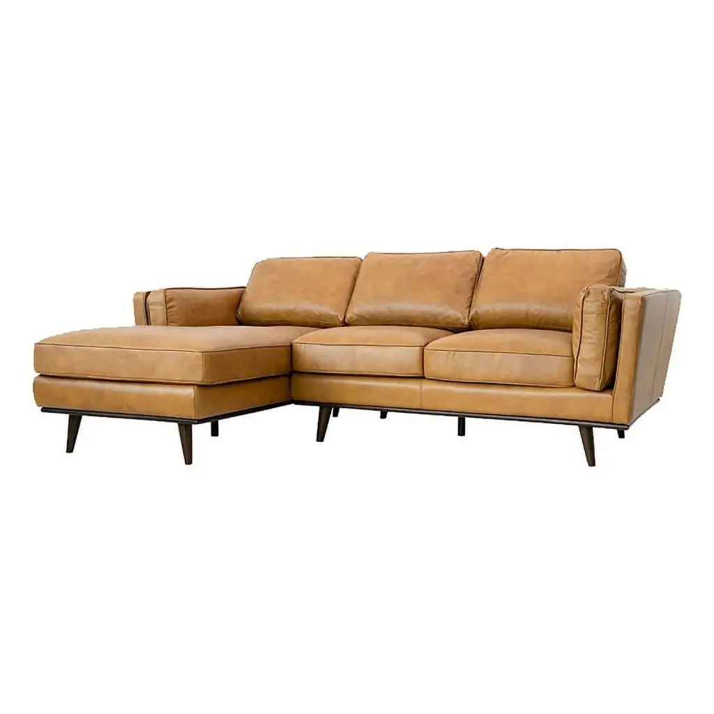 Allora Modern Mid-Century Tan Leather Left-Facing Sectional Sofa Cushion Back