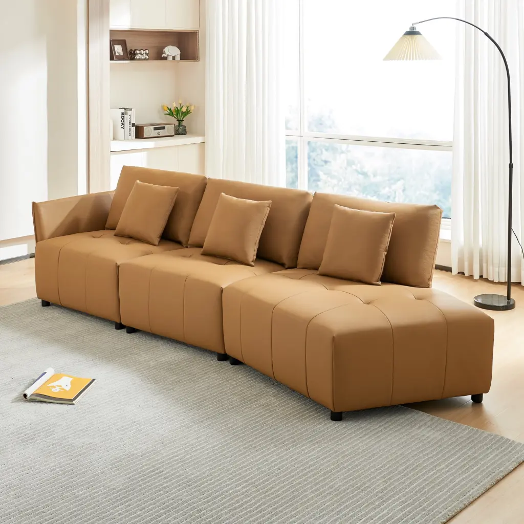 120 Inch Real Leather Modular Sectional Sofa Button Tufted Seat Cushion Dark Yellow ANTFURN