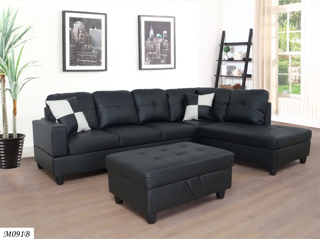 Set 3 Sectional Sofa Leather Right Facing Couch Storage Ottoman and Pillows L Shape Chaise Sleeper Sofa White ARCTICSCORPION