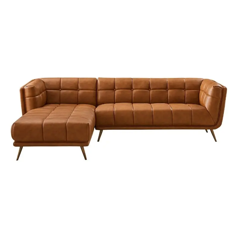 Allen Living Room Chesterfield Cognac Tan Leather Left Corner Sectional Couch Ashcroft