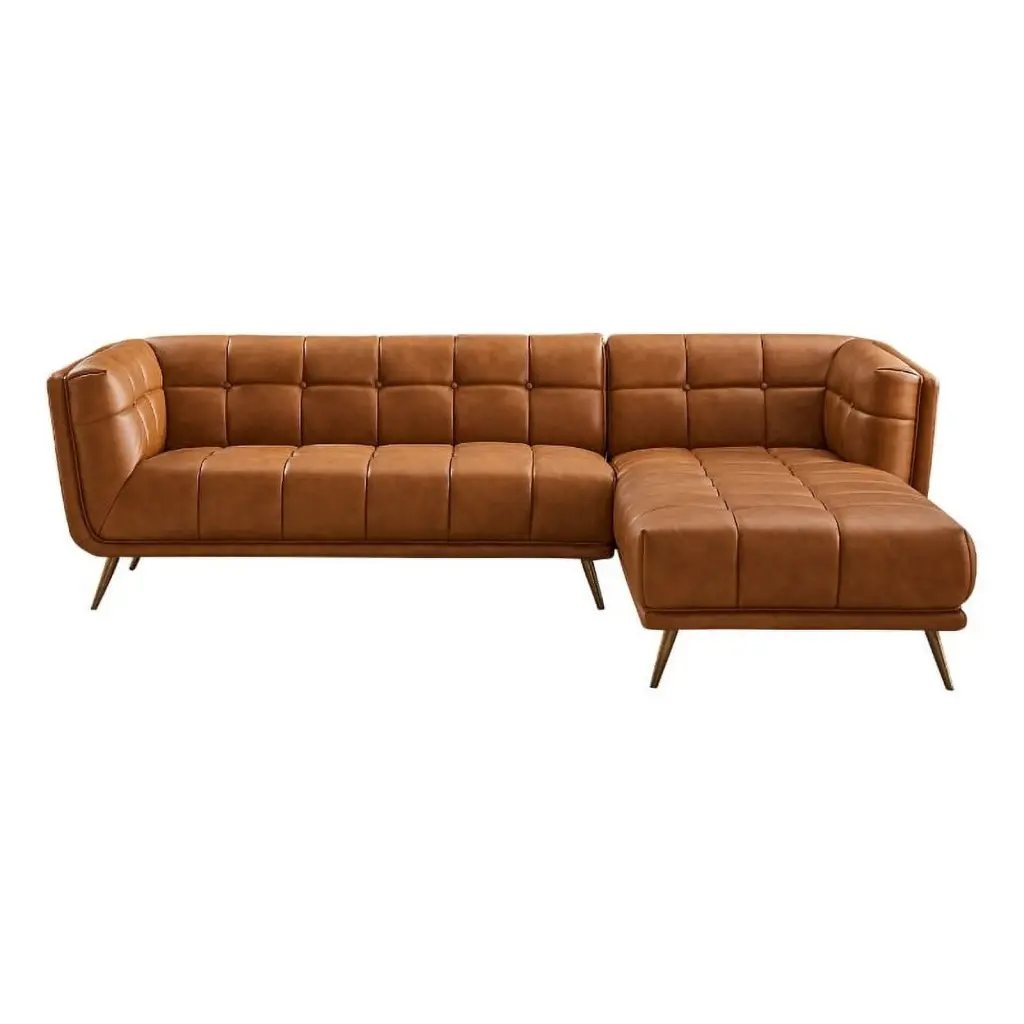 Allen Living Room Chesterfield Cognac Tan Leather Right Corner Sectional Couch Ashcroft