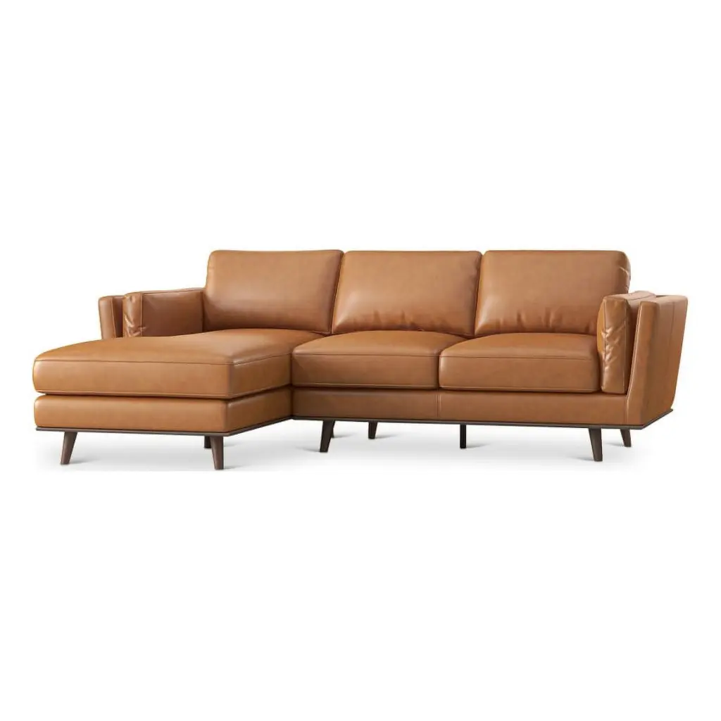 Augusta Mid Century Style Tan Genuine Leather Left Sectional Couch Retro Living Room Ashcroft