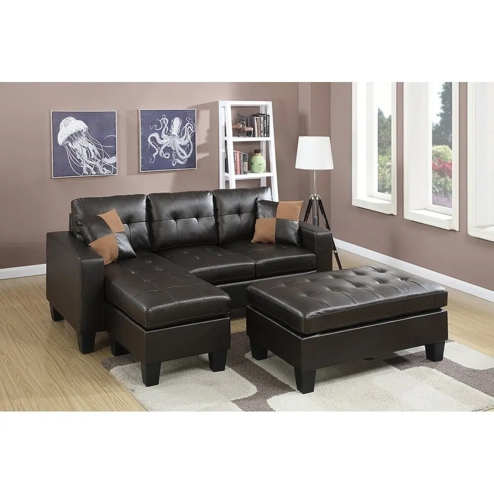 All--One Reversible Sectional Sofa 2 Accent Pillows and XL-Cocktail Ottoman Brown Bonded Leather Reversible Right Facing B...