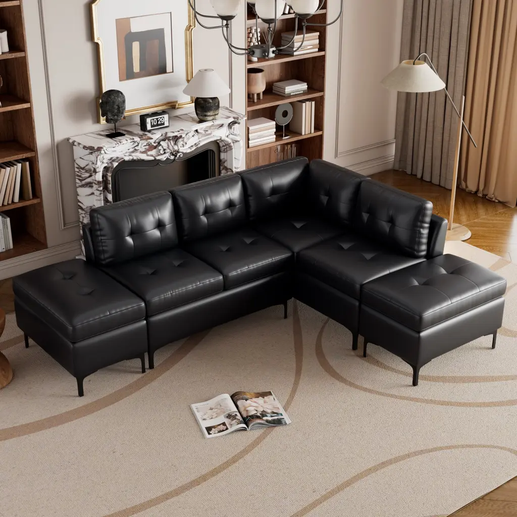 CoSoTower 94.88 L-Shaped Corner Sofa PU Leather Sectional Sofa Movable Storage Ottomans Black