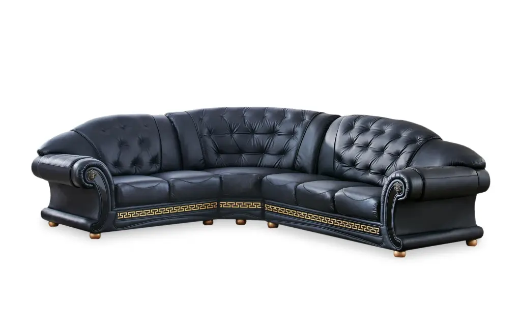 Traditional Black Genuine Top Grain Italian Leather Sectional LHC ESF Apolo