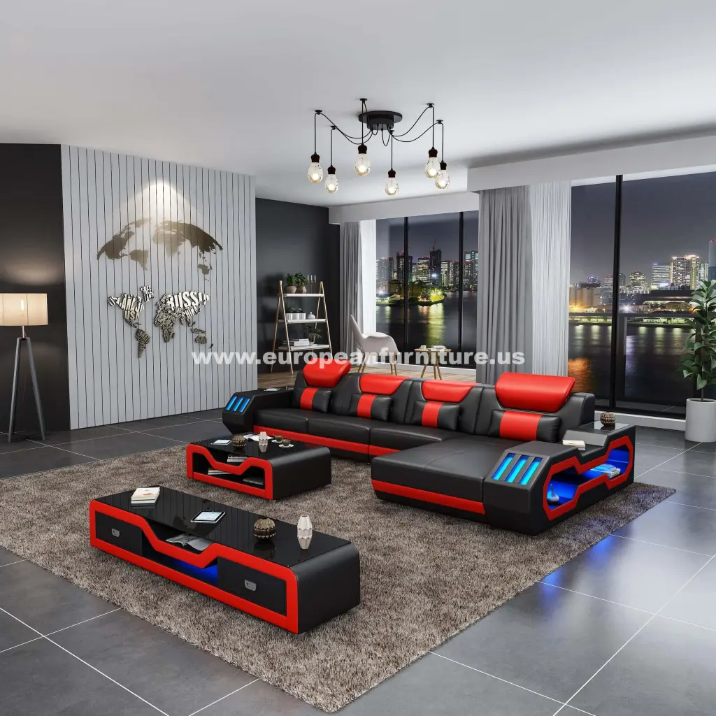 BLACK RED Sectional Sofa RHF Italian Leather STARFIGHTER EUROPEAN FURNITURE