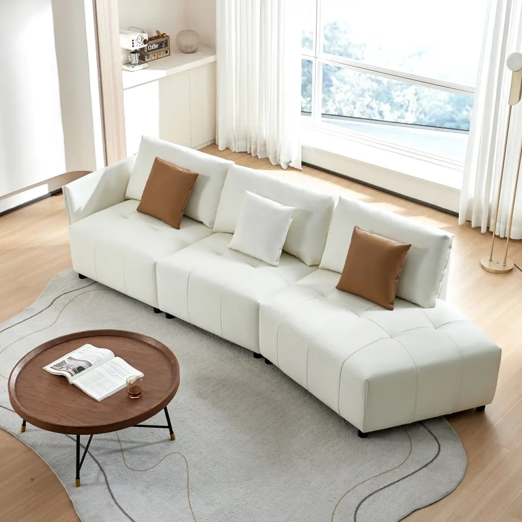 120 Inch Real Leather Sofa Modern Modular Sectional Couch Button Tufted Seat Cushion Beige Ghislaine