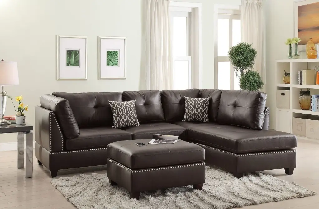 Espresso Bonded Leather 3-Piece Sectional Sofa Set Chaise Ottoman and Silver Stud Accents HS