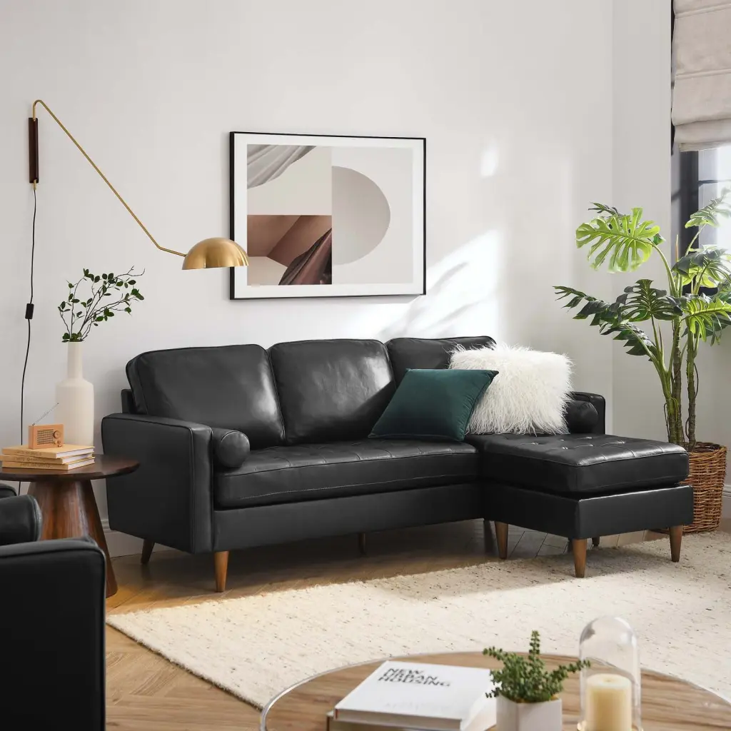 Modway Valour 78 Leather Apartment Sectional Sofa Black Compact Living Room Solution