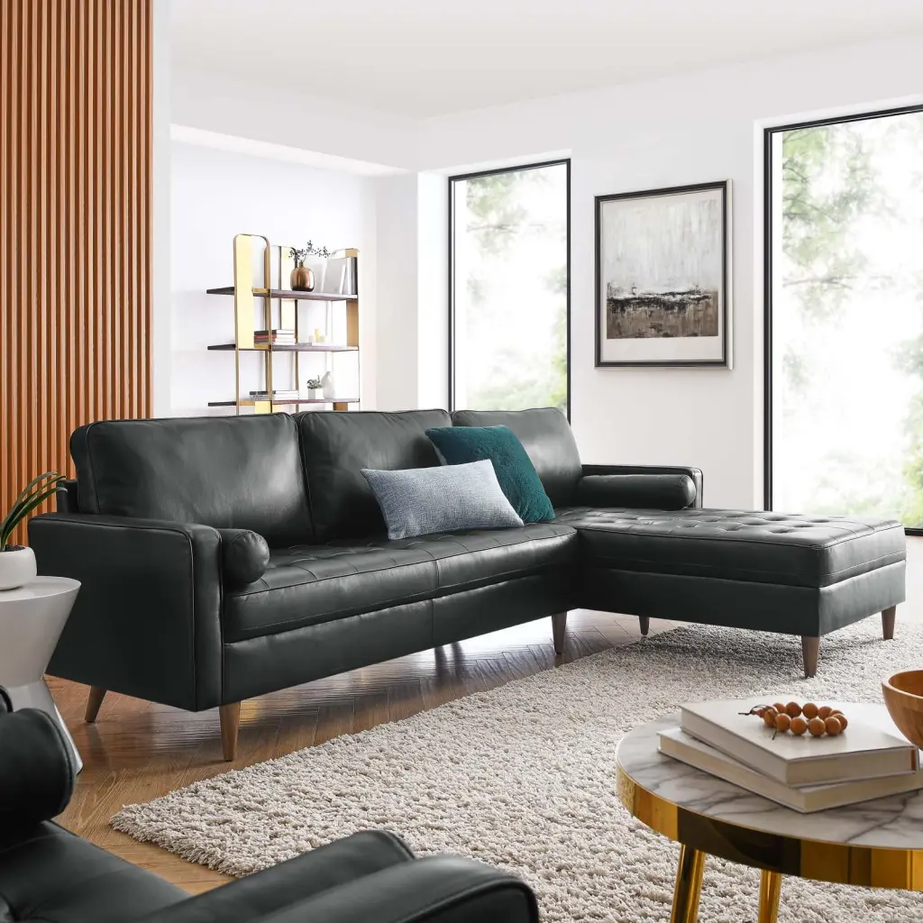 Modway Valour 98 Leather Sectional Sofa Black Modern Living Room Furniture