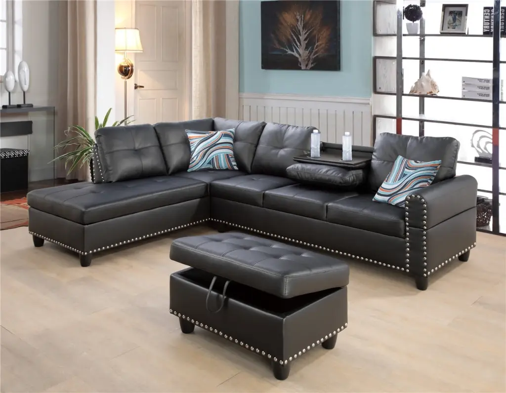 Ponliving Black Leather Sectional Sofa Set Storage Ottoman and Matching Pillows Pon Living Furniture Inc