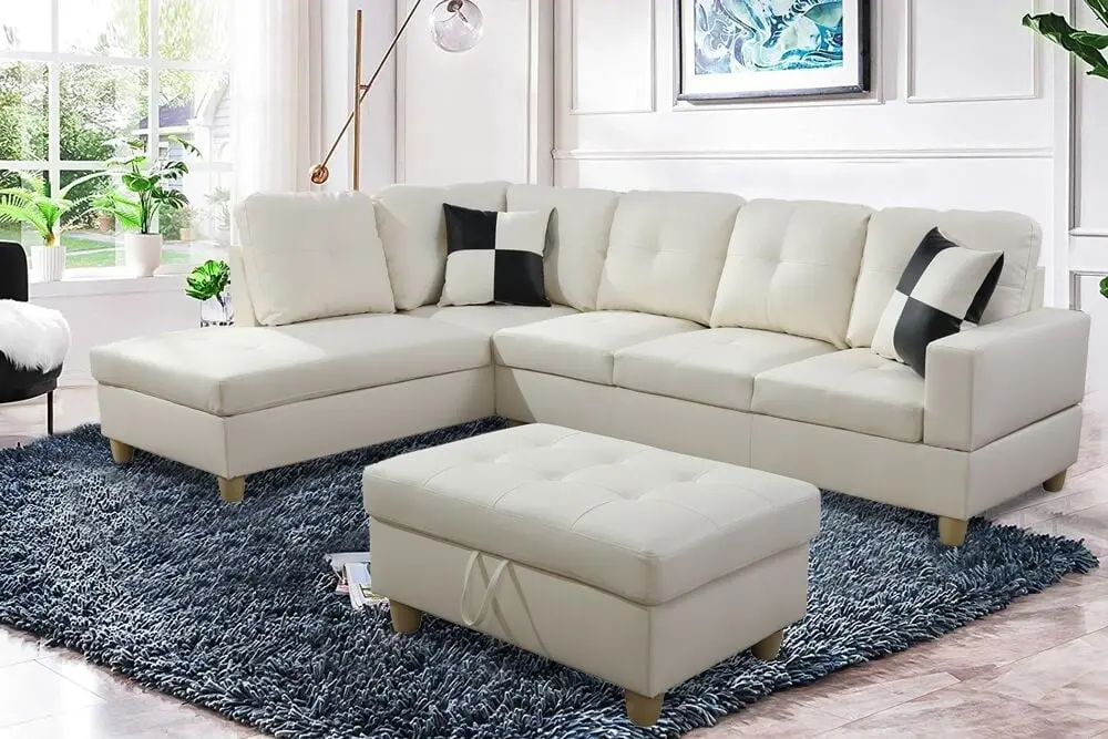 PonLiving Cream 103.5 Inch Left Facing Leather Sleeper Sectional Storage Ottoman and Pillows Pon Living Furniture Inc