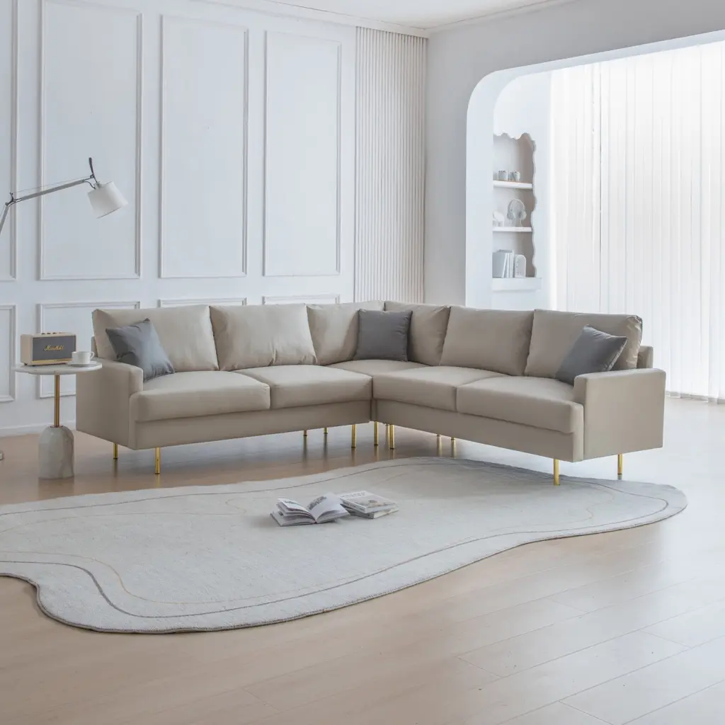 L Shaped Corner Sectional Technical Leather Sofa Pillows Beige 89.8x89.8 Inches Waterproof Stain-Resistant Ponnky