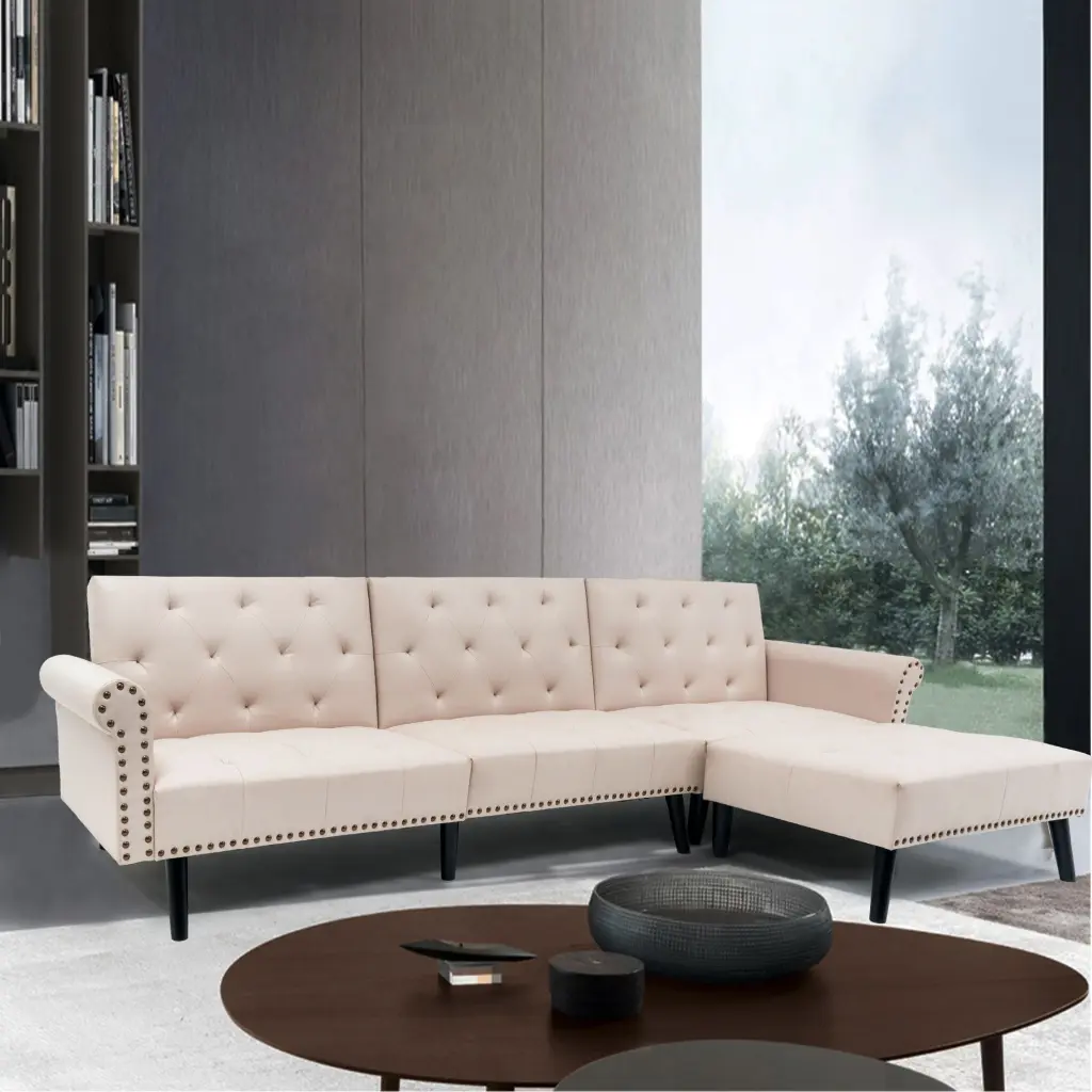 PU Leather Large L-Shaped Sectional Sofa Extra Wide Chaise Lounge and 2 Pillows White Waytrim
