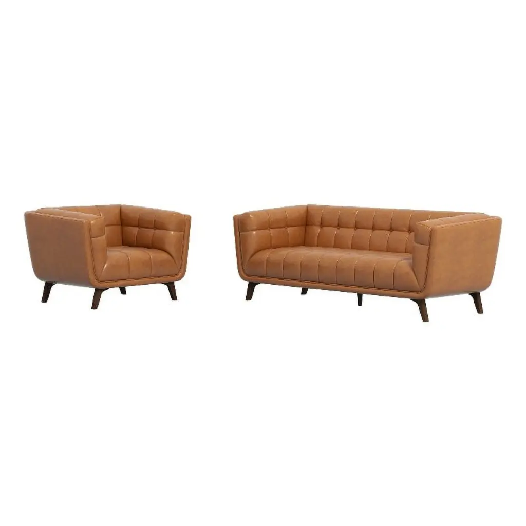 Kery Mid-Century Modern Tan Leather Sofa and Lounge Chair Set - Living Room Furniture Ashcroft