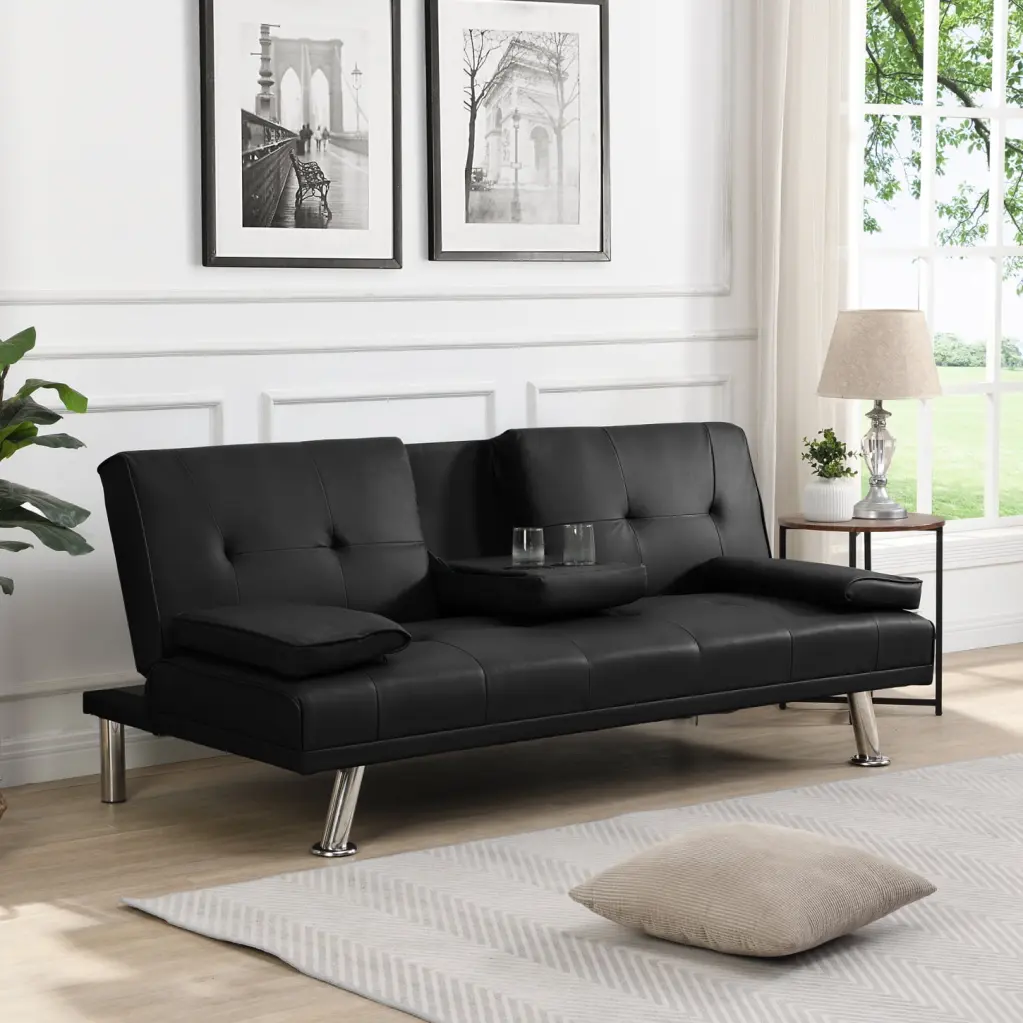 Sleek Black Leather Sofa Bed Ergonomic Wood Frame and Stainless Leg - Reclining Backrest HATNOKIL