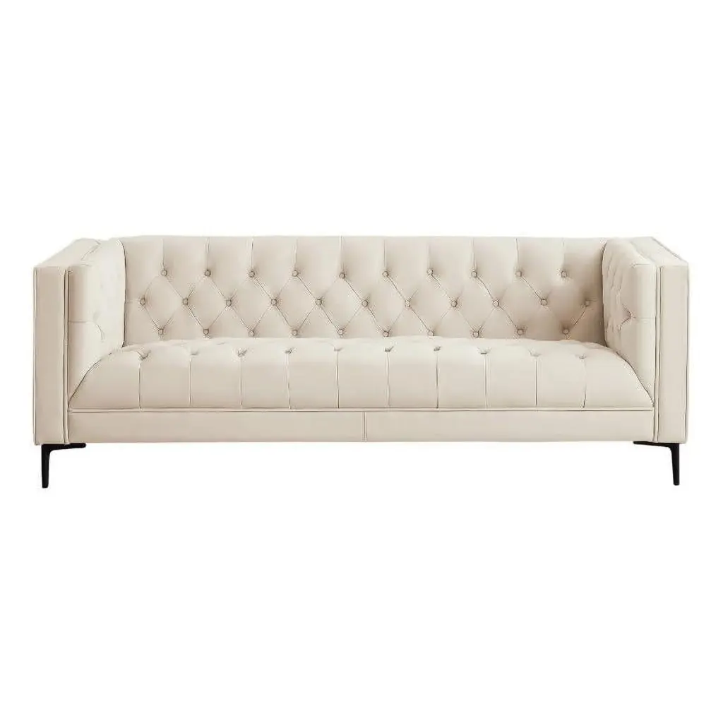Clodine Mid-Century Modern Cream Leather Tufted Back Sofa Living Room Ashcroft