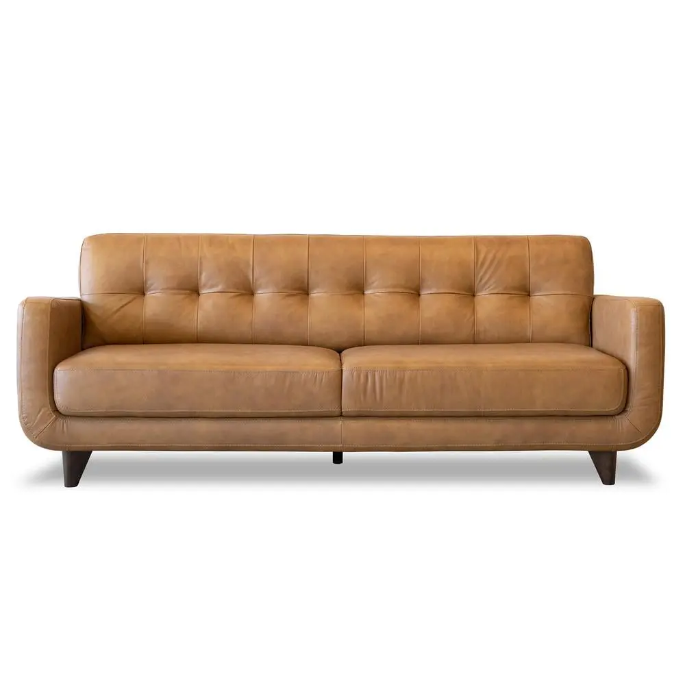 Davis Mid-Century Modern Tan Leather Tight Back Sofa Ashcroft