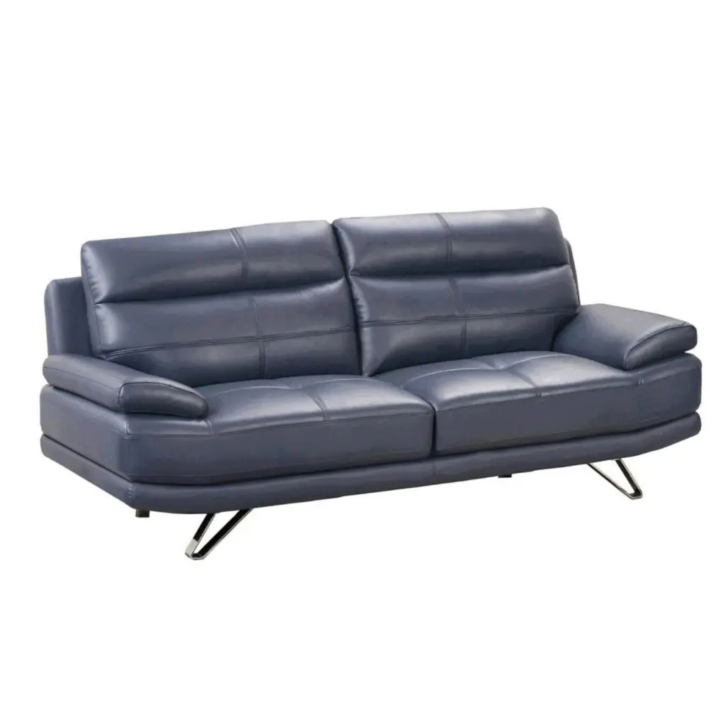 BenJara Reni 82 Inch Modern Sofa Channel Tufted Navy Blue Soft Leather Upholstery