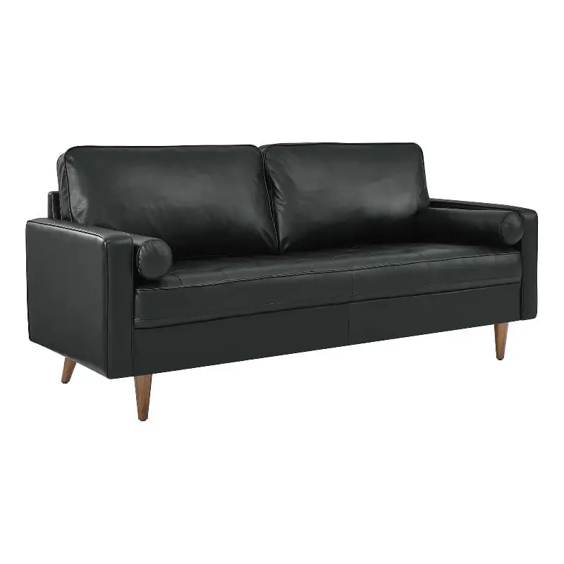 Maklaine Modern Top Grain Leather Sofa Black Finish Living Room