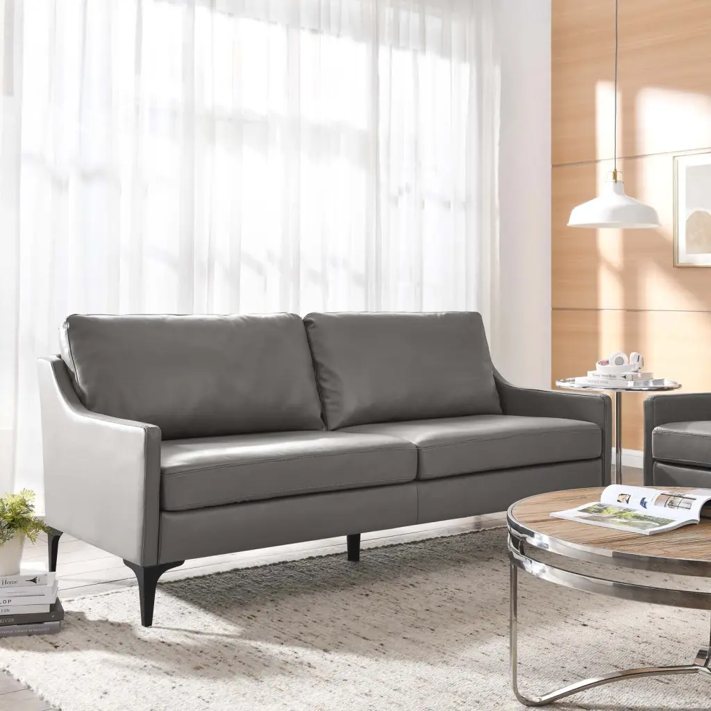 Modway Corland Leather Sofa Gray - Modern Genuine Leather Living Room Couch