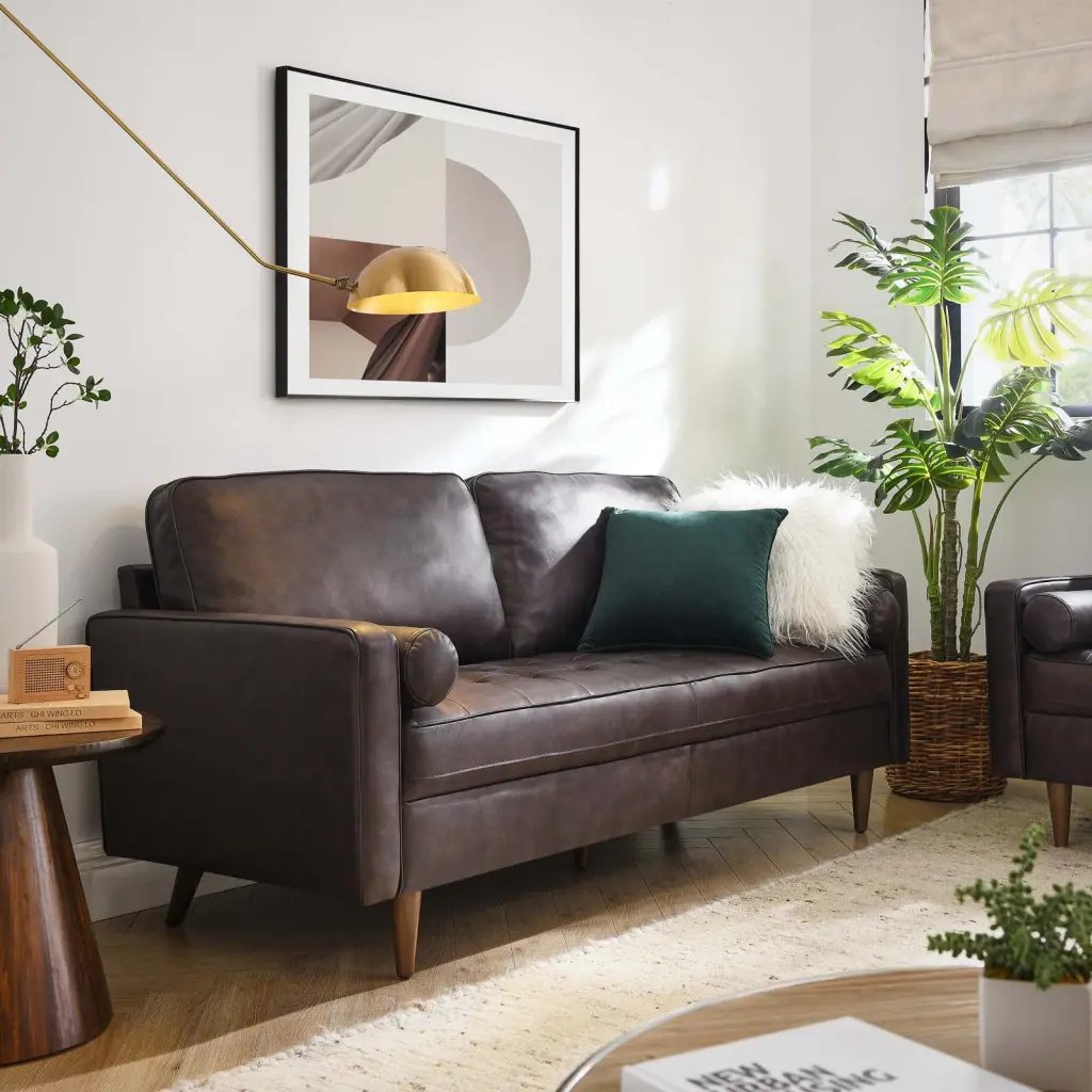 Modway Valour Genuine Leather Sofa Brown Modern Living Room