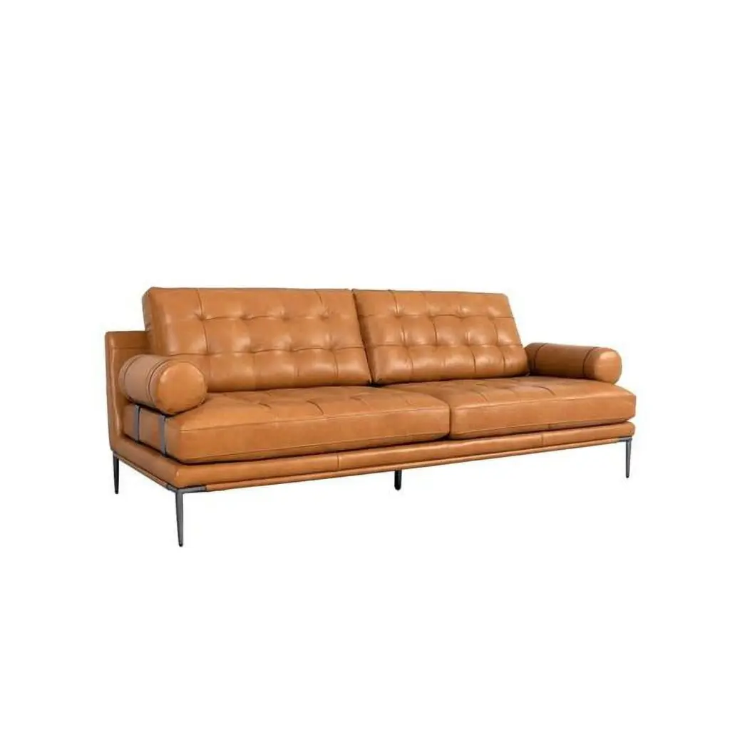 Pasargad Home Kimberly Top Grain Leather 3 Seater Brown Sofa - Spacious Living Room Furniture