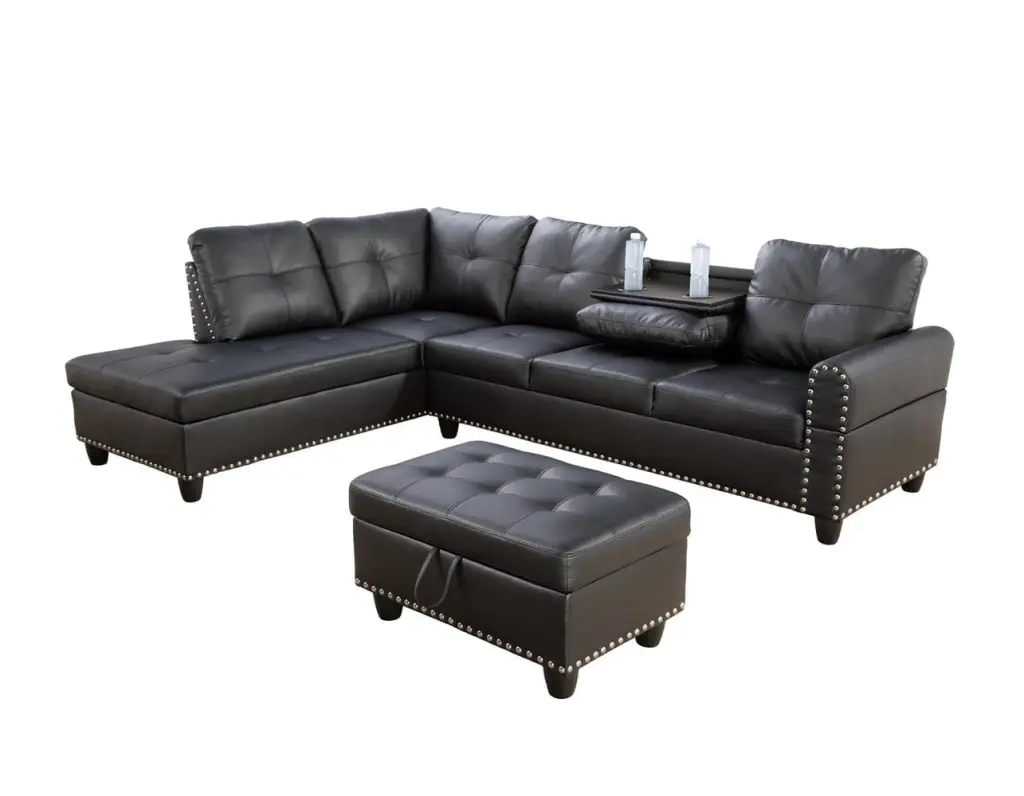 Ponliving 97.2 W Black Faux Leather Sectional Sofa Ottoman Modern Living Room Furniture Pon Living Furniture Inc