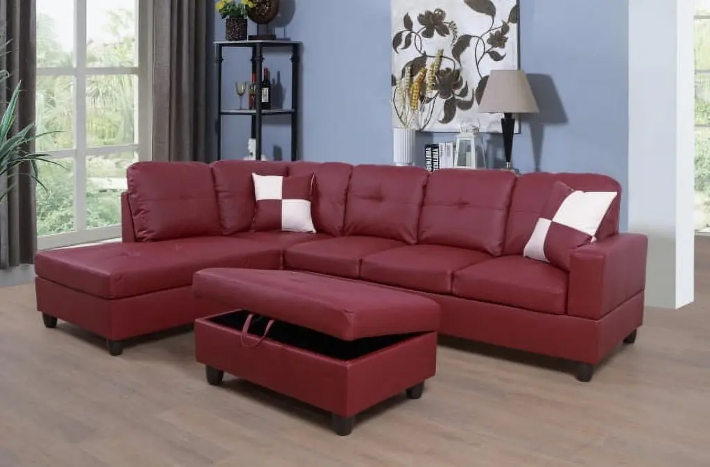 PonLiving Furniture Classic Red Faux Leather Sectional Sofa Left Facing Chaise Modern Living Room Furniture Pon Living Fur...