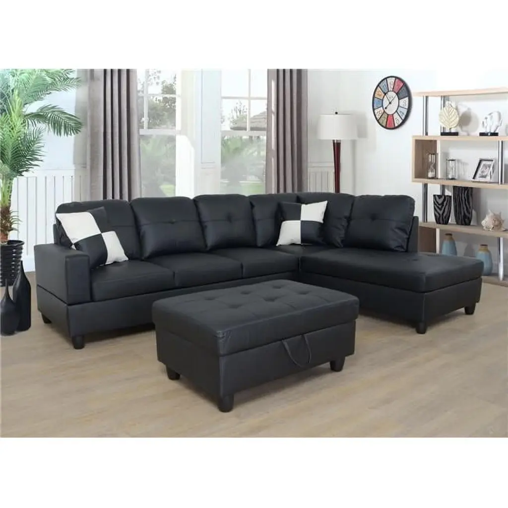 PonLiving Furniture F091B Right Facing Sectional Sofa Set Ottoman Black Faux Leather 3 Piece Pon Living Furniture Inc