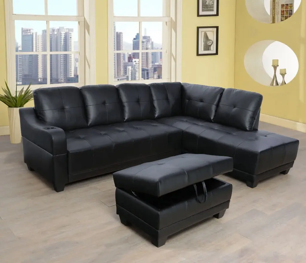 PonLiving Furniture 96 Wide Black Leather Right Hand Facing Sectional Sofa Chaise Ottoman Modern Living Room Centerpiece P...