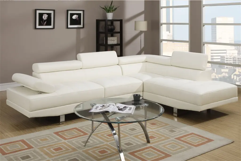 White Leather Sectional Sofa Adjustable Headrest and Chaise ARCTICSCORPION