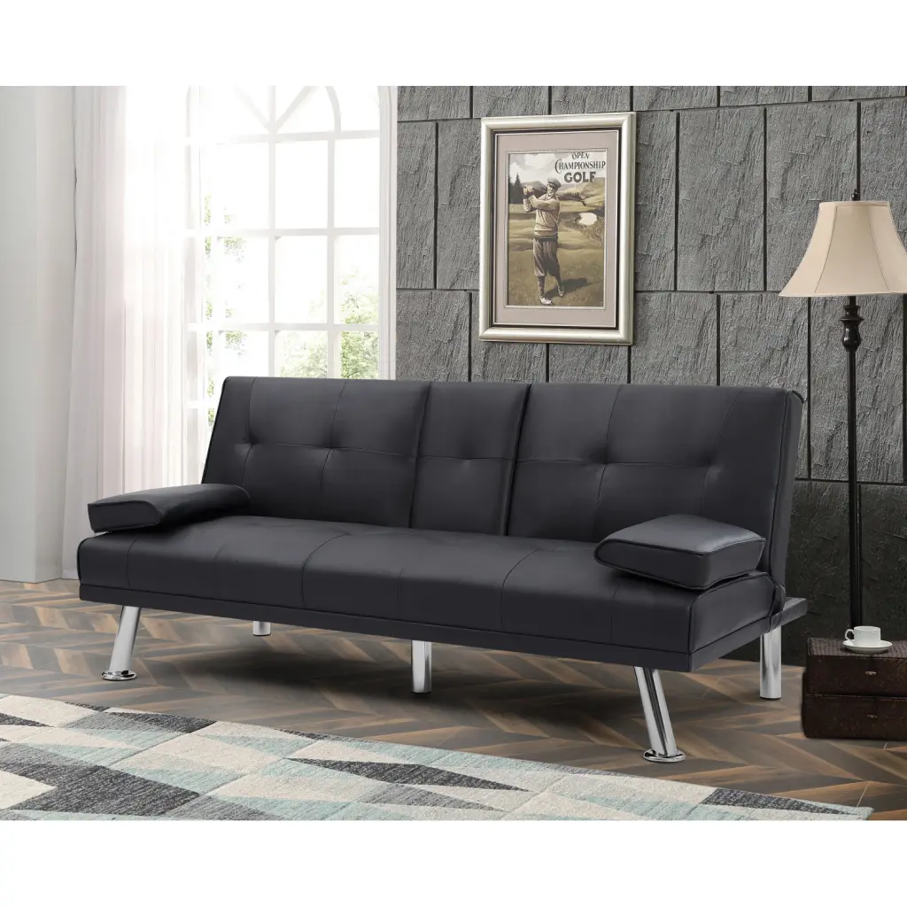 Versatile Foldable Sofa Bed Black Leather - Lie Functionality Business Home Cinema and Relaxation Ponnky