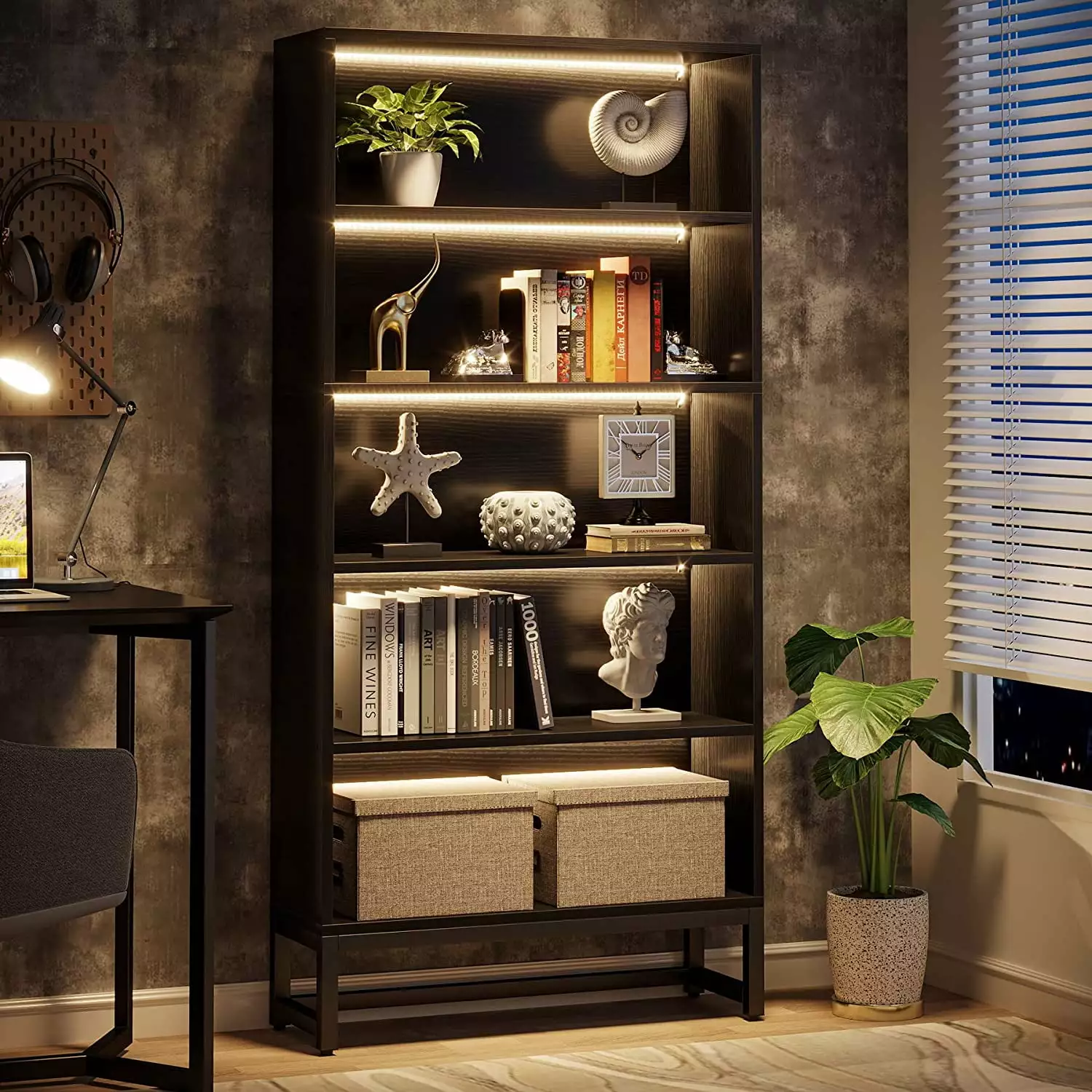 Black 70.8 Tall Bookcase LED Lights 5-Tier Storage Shelves Heavy Duty Library Bookshelf DONFU